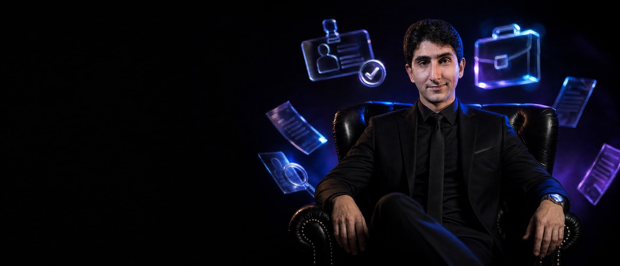 Pedro Leone, recrutador, de terno preto sentado em uma poltrona de couro em um estúdio escuro, cercado por objetos 3D de vidro que representam seleção de talentos, como crachá, lupa e currículos, sob luz neon azul e violeta.