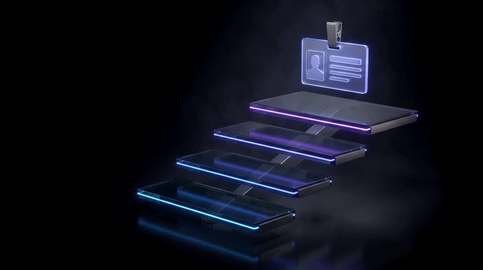 Escada flutuante de quatro degraus de vidro fumê com bordas em neon azul e violeta e um crachá de vidro brilhante pairando sobre o degrau mais alto.